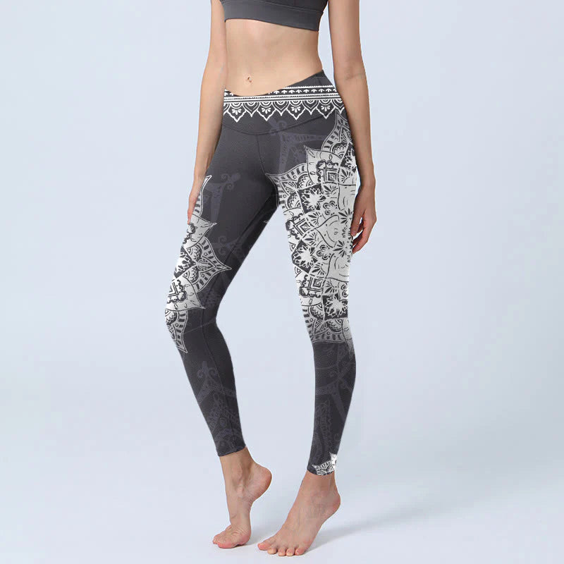 Buddha Stones Black Mandala Flowers Print Exercise Leggings Women's Yoga Pants