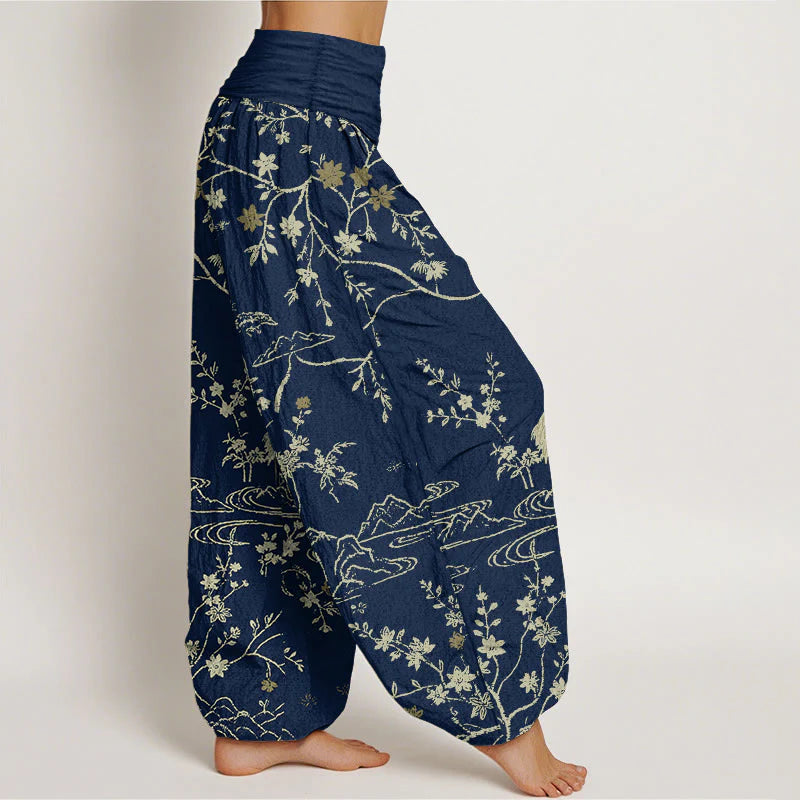 Buddha Stones Crane Floral Tree Branches Pattern Print Women's Elastic Waist Harem Pure Cotton Pants