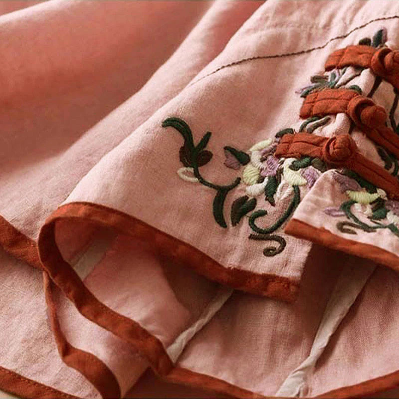 Buddha Stones Retro Flower Embroidery Design Long Sleeve Cotton Linen Women's Shirt