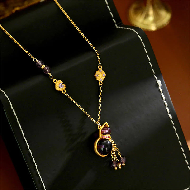 Buddha Stones Gourd Tassel Amethyst Copper Chain Meditation Necklace Pendant