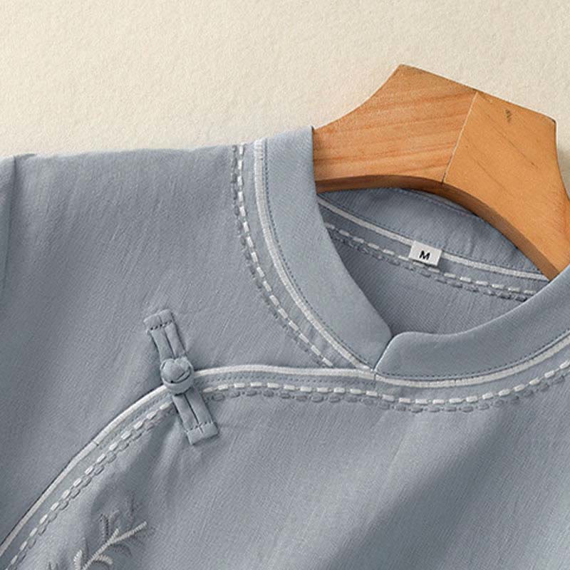 Buddha Stones Summer Stand Collar Short Sleeve Plain Women's  Frog-Button Cotton Shirt With Pocket