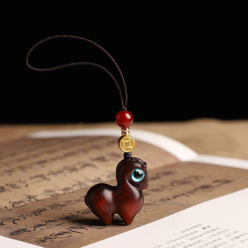 Buddha Stones Year of the Horse Small Leaf Red Sandalwood Calm Key Chain Phone Hanging Decoration