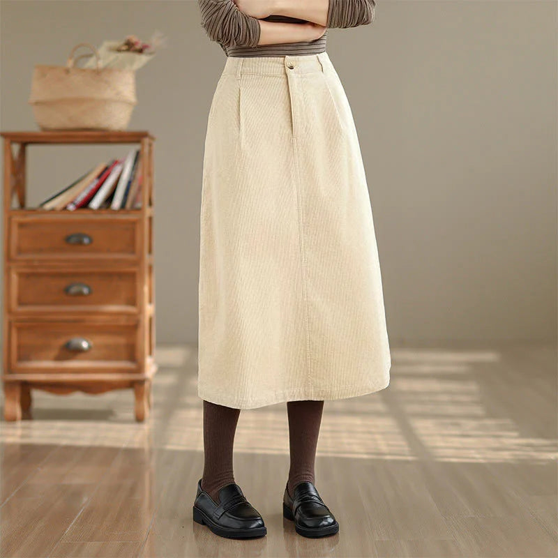 Buddha Stones Pure Color Elastic Waist Women's 7-8 Length Corduroy Skirt With Pockets