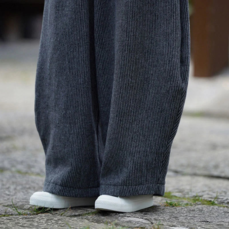 Buddha Stones Winter Men's Pure Color Drawstring Design Cotton High Waist Pants With Pockets