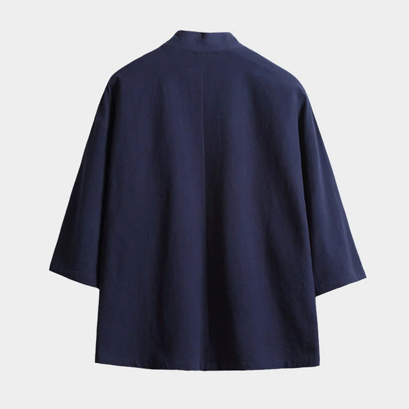 Buddha Stones Solid Color Lace-up Three Quarter Sleeve Open Front Jacket Men's Kimono