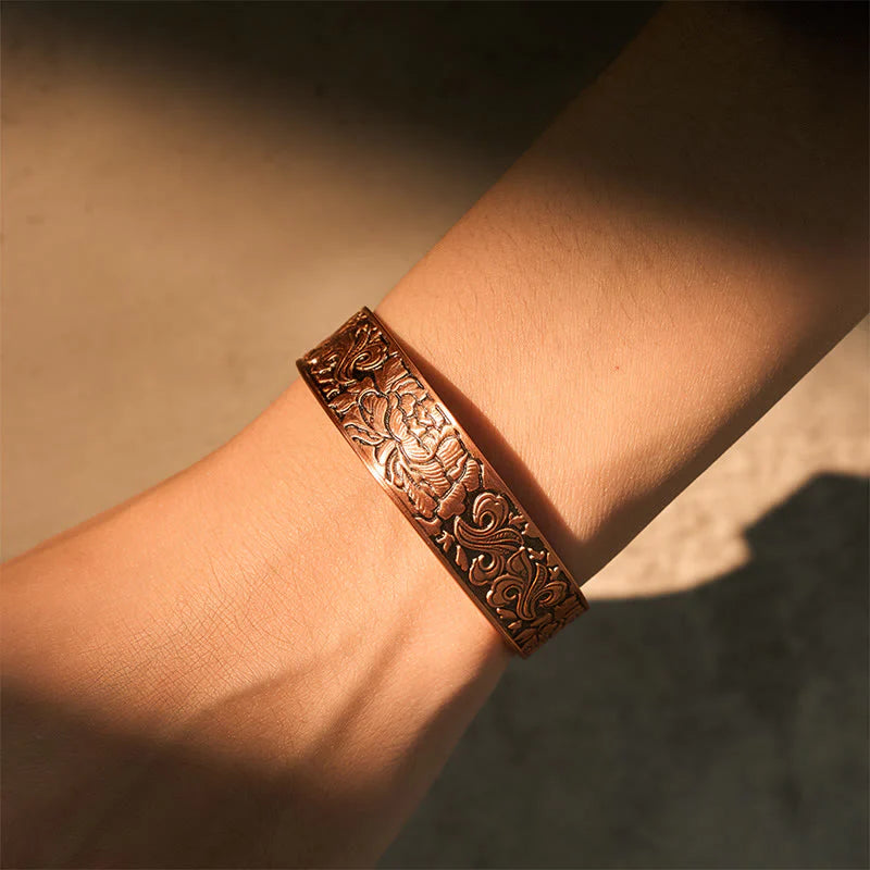 Buddha Stones Copper Flower Open Balance Luck Adjustable Cuff Bracelet Bangle