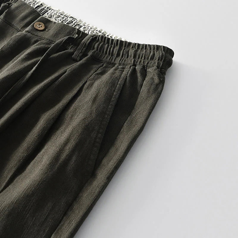 Buddha Stones Fall Solid Drawstring Zipper Men's Linen Wide Leg Pants With Pockets