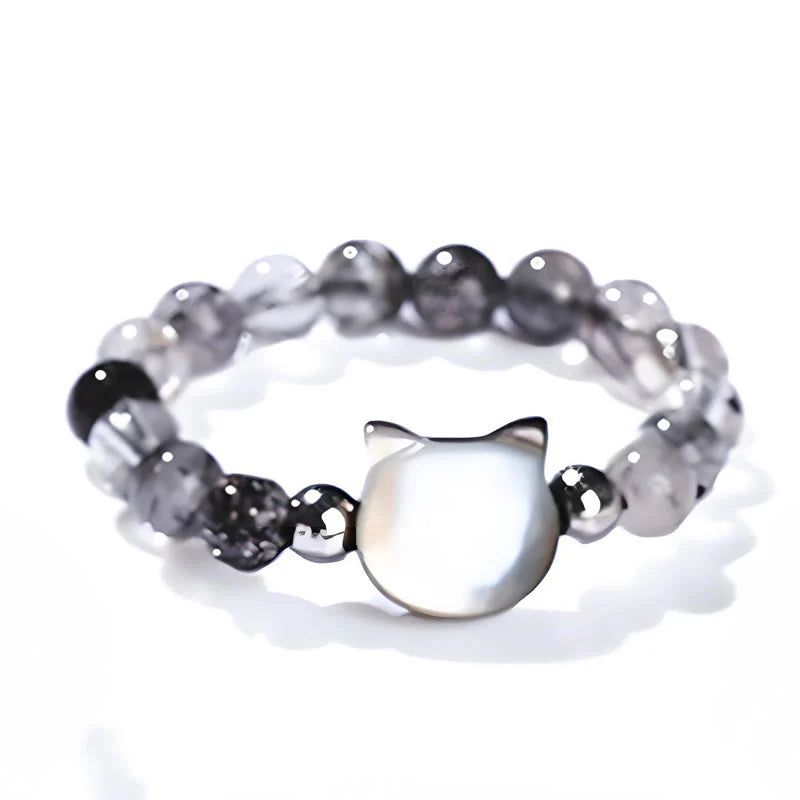 Buddha Stones 3mm Black Rutilated Quartz Tridacna Stone Rabbit Cat Ring