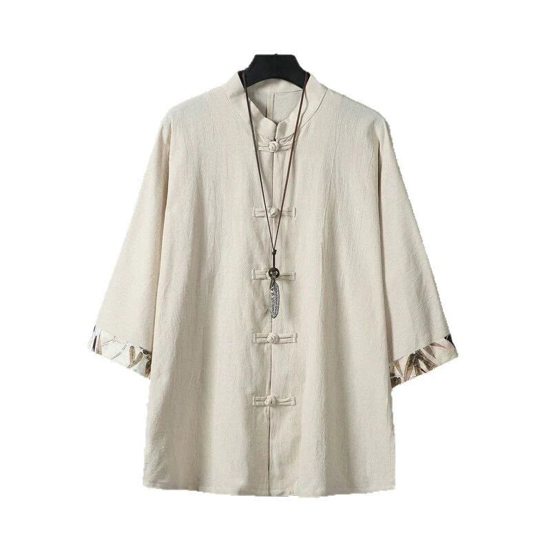 Buddha Stones Summer Frog-button Patchwork Half Sleeve Design Cotton Linen Men's Shirt Jacket