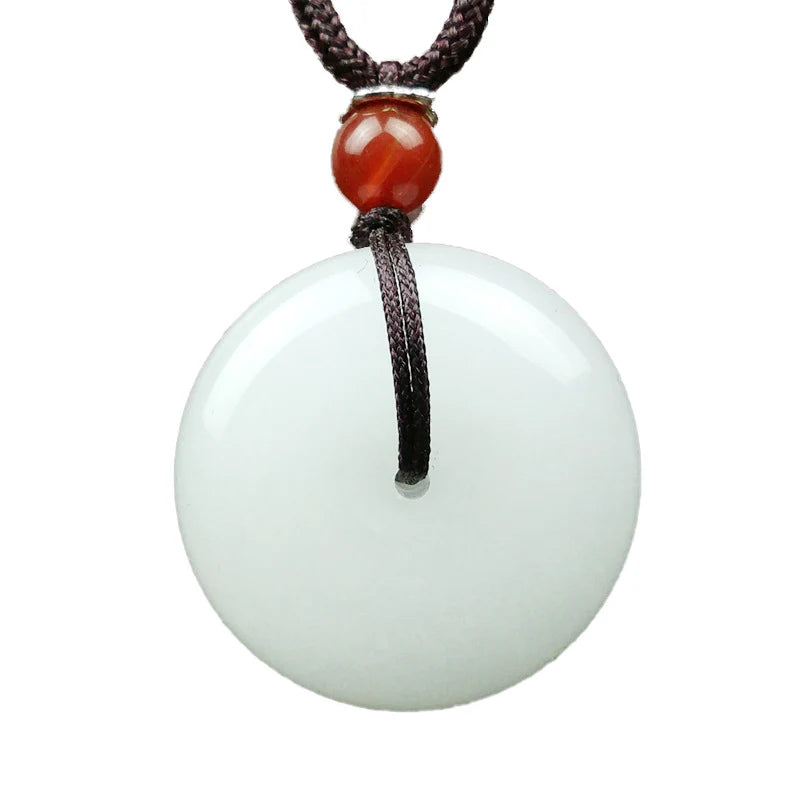 Buddha Stones Round Hetian White Jade Peace Buckle Blessing Necklace Pendant (Extra 30% Off | USE CODE: FS30)