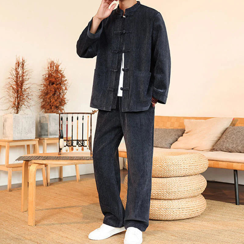 Buddha Stones 2Pcs Winter Thick Men's Tang Suit Frog-Button Cotton Corduroy Long Sleeve Jacket Pants Set With Pockets