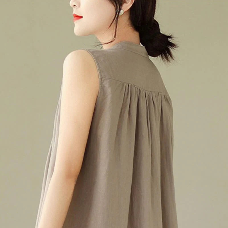 Buddha Stones Plain Single Breasted Pleated Design Sleeveless Cotton Linen Midi Dress