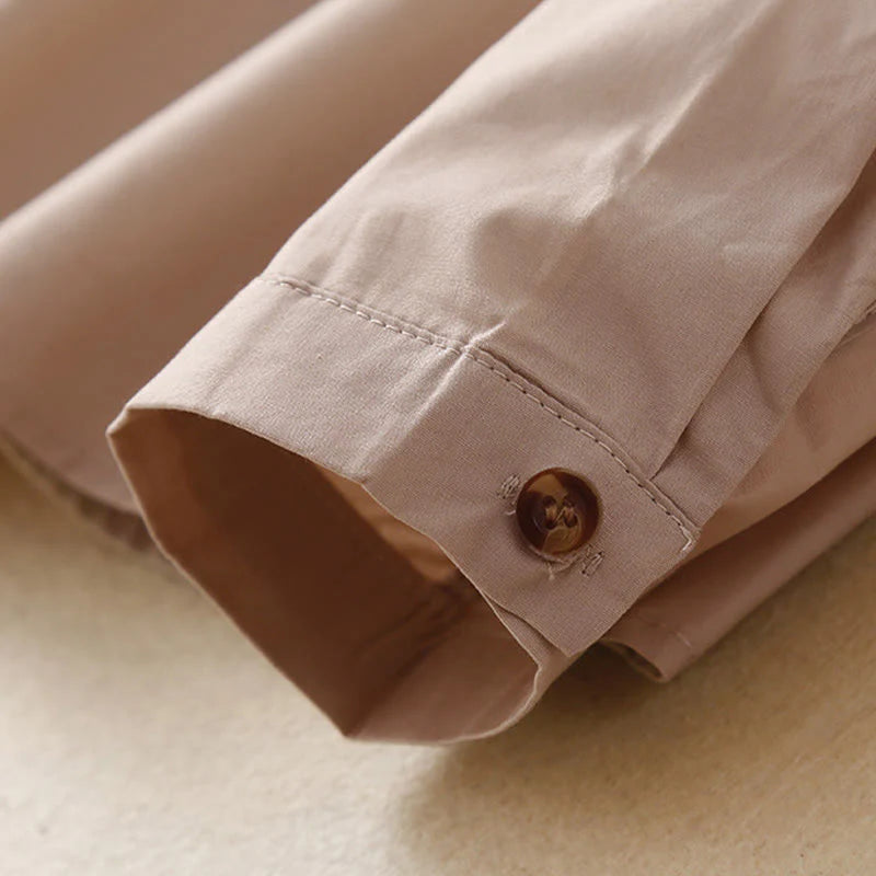 Buddha Stones Plain Double-breasted Long Sleeve Women's Cotton Lapel Shirt