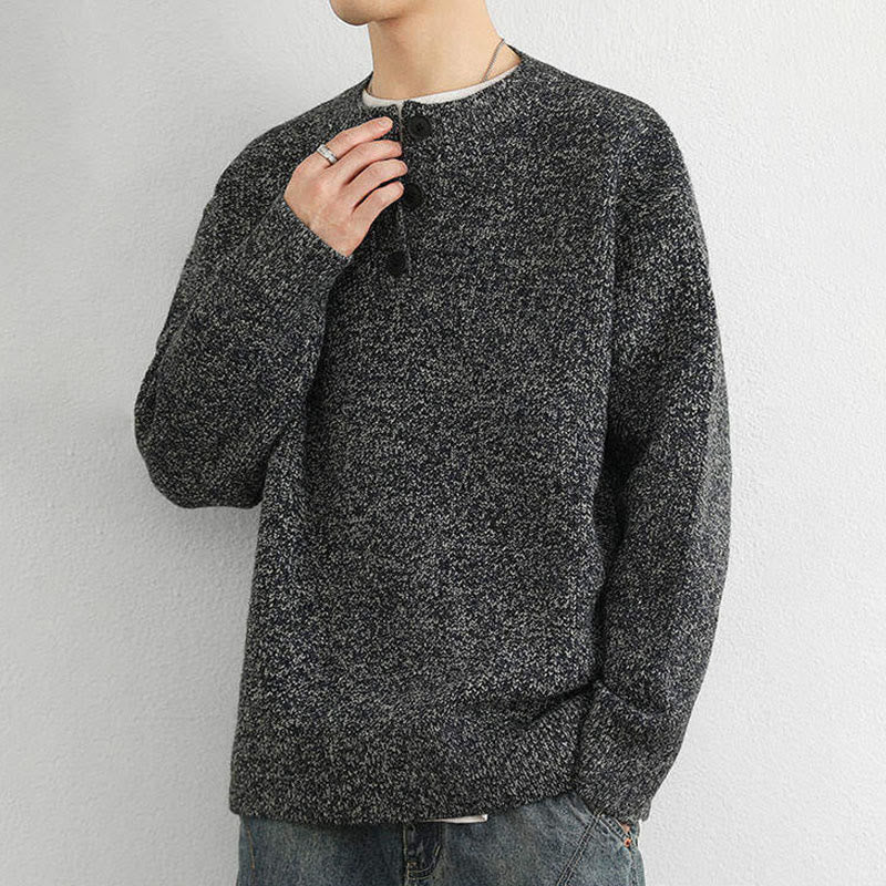 Buddha Stones Winter V-Neck Buttons Ribbed Design Warm Men's Long Sleeve Knitted Sweater