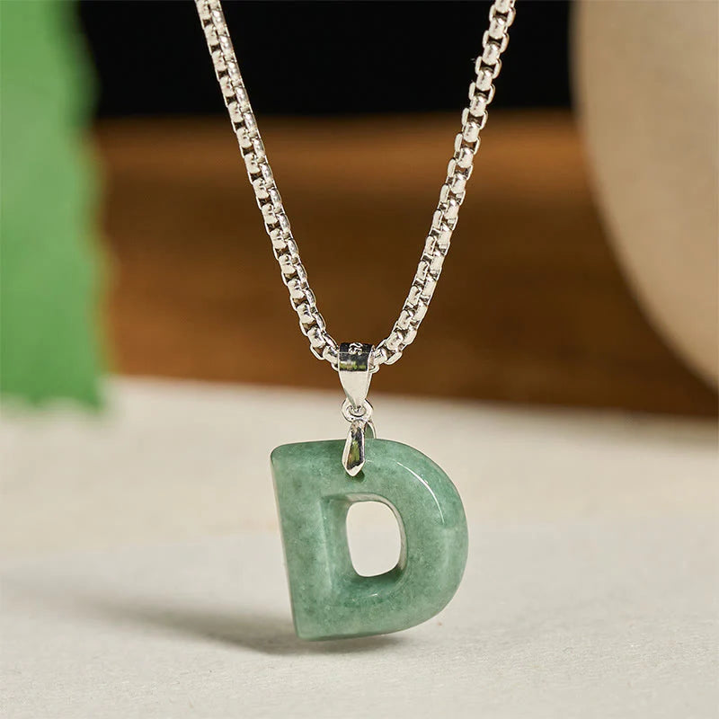 Buddha Stones Natural A-Z Letter Jade Titanium Steel Wide Chain Prosperity Necklace Pendant