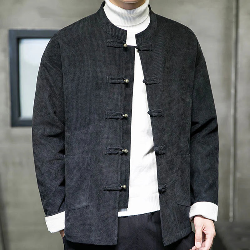 Buddha Stones Solid Color Frog-button Men's Jacket Shirt Clothing