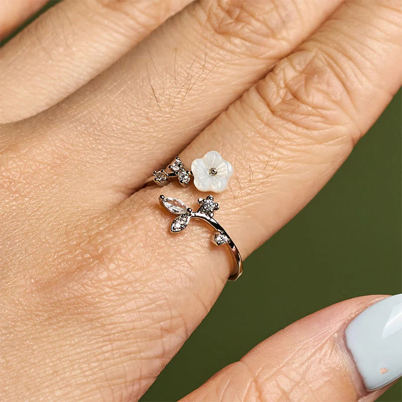 Buddha Stones White Flower Design Adjustable Healing Copper Ring