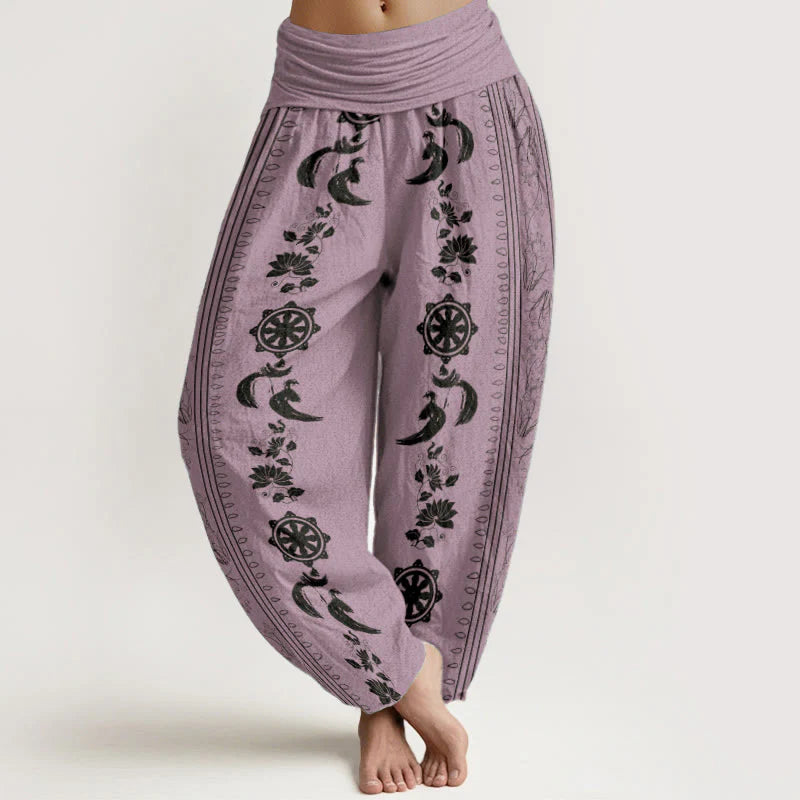 Buddha Stones Pure Cotton Dharma Wheel Lotus OM Pattern Women's Elastic Waist Harem Pants