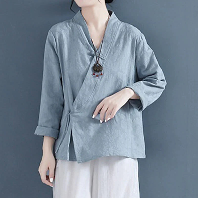 Buddha Stones Casual Solid Color Frog Button Long Sleeve Zen Cotton Linen Women's Shirt