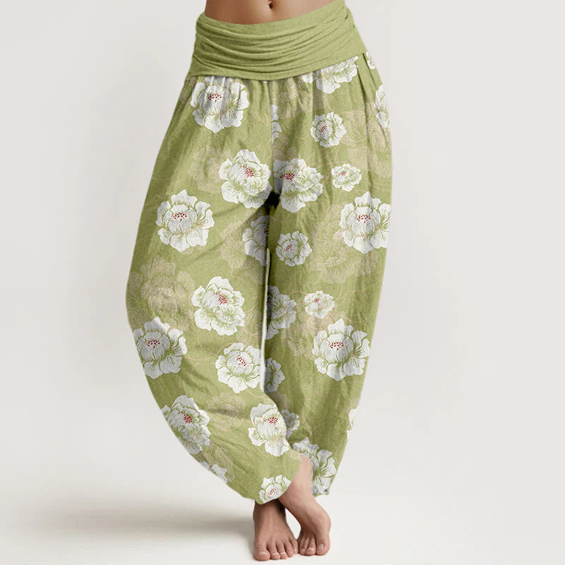 Buddha Stones Cotton Elegant White Flowers Pattern Women's Elastic Waist Harem Pants