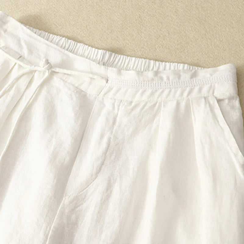 Buddha Stones Spring Casual Solid Color Drawstring Design  Women's Cotton Linen 7-8 Length Wide Leg Pants With Pockets