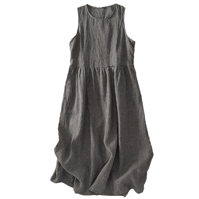 Buddha Stones Casual Plain Handmade Plaid Midi Dress Cotton Sleeveless Dress With Pockets