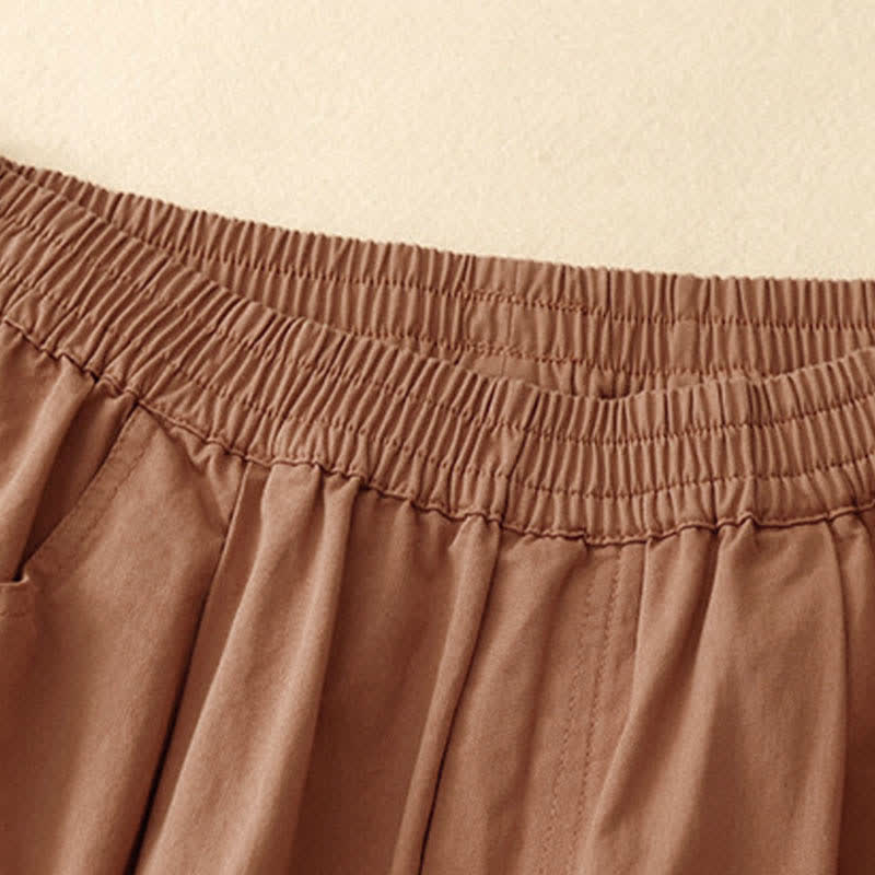 Buddha Stones Summer Cotton Elastic Waist Women's Half Pants With Pockets