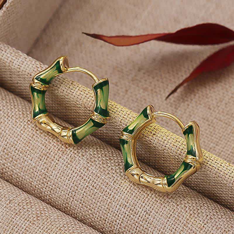 Buddha Stones Round Bamboo Dripping Design Copper Fortune Hoop Earrings