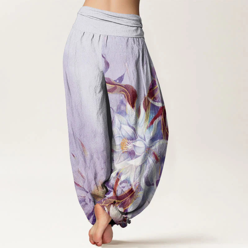 Buddha Stones Cotton Epiphyllum Flowers Design Women's Elastic Waist Harem Pants