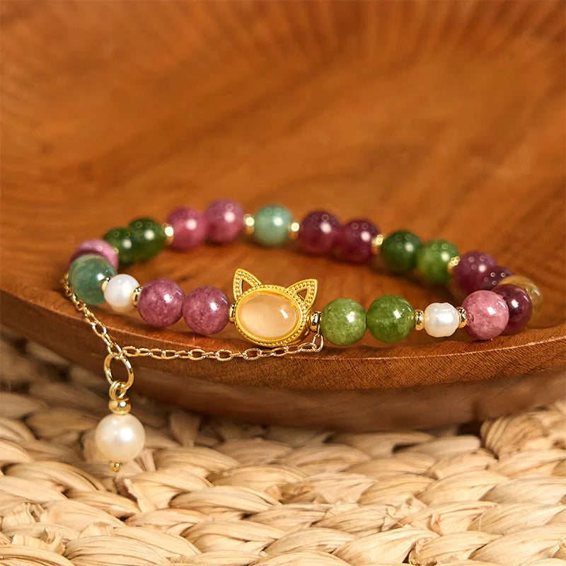 Buddha Stones Colorful Tourmaline Lucky Cat Positive Bracelet