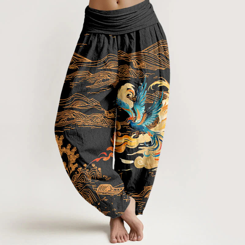 Buddha Stones Phoenix Mountains Landscape Pattern Women's Elastic Waist Harem Pure Cotton Pants