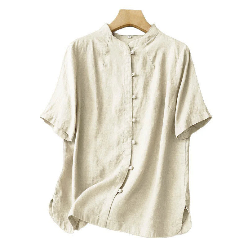 Buddha Stones Summer Women's Cotton Short Sleeve Stand Collar Side Slit Frog-Button Design Shirt