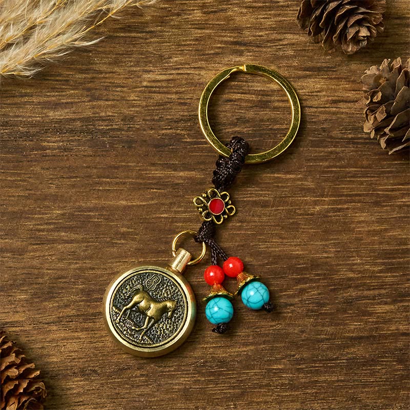 Buddha Stones Year of the Horse Bringing in Wealth and Treasure Brass Key Chain