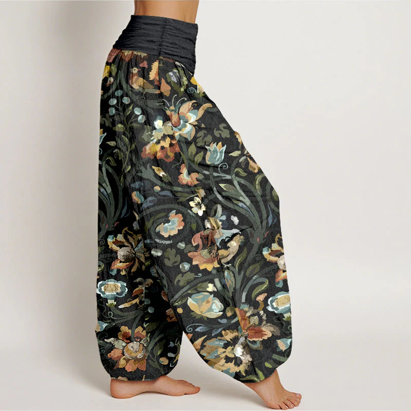 Buddha Stones Cotton Retro Flowers Vines Bird Pattern Women's Elastic Waist Harem Pants