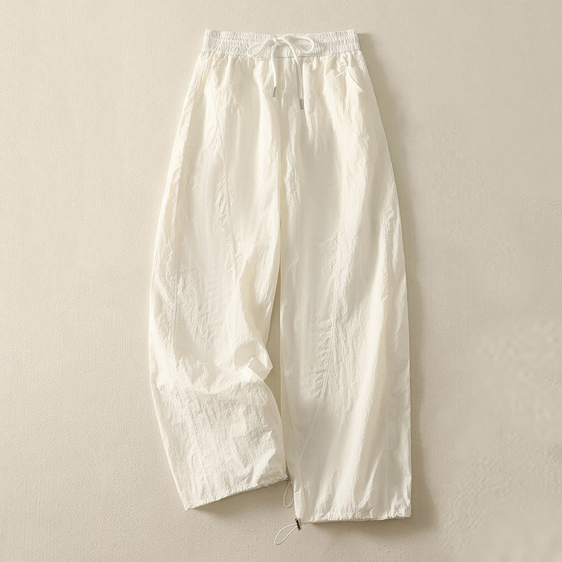 Buddha Stones Summer Vintage Plain Drawstring Cuffed Women's Pants With Pockets