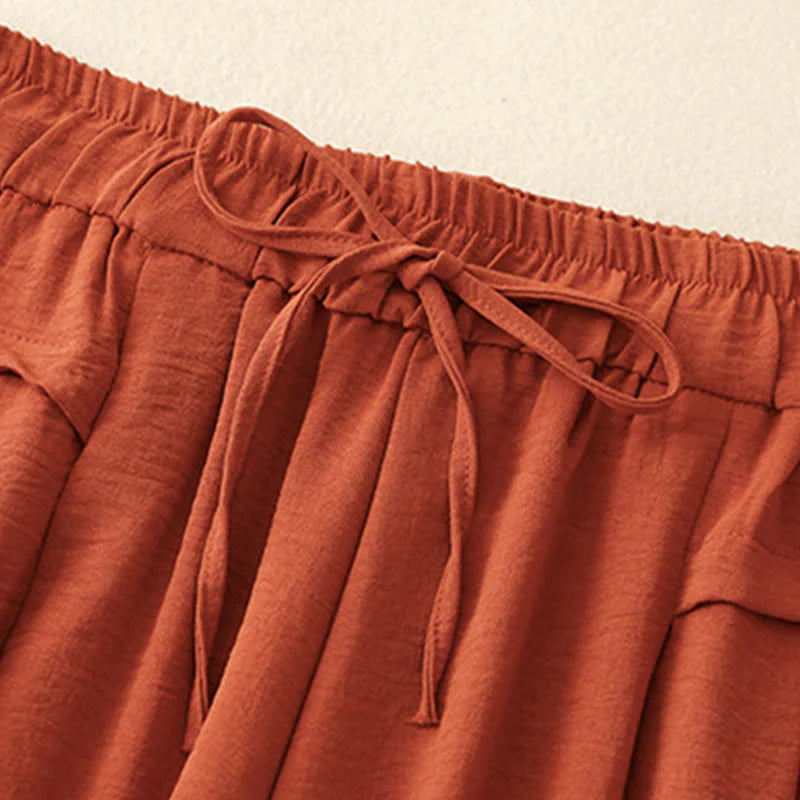 Buddha Stones Causal Ethnic Simple Drawstring Design Women's Wide Leg Cropped Pants With Pockets