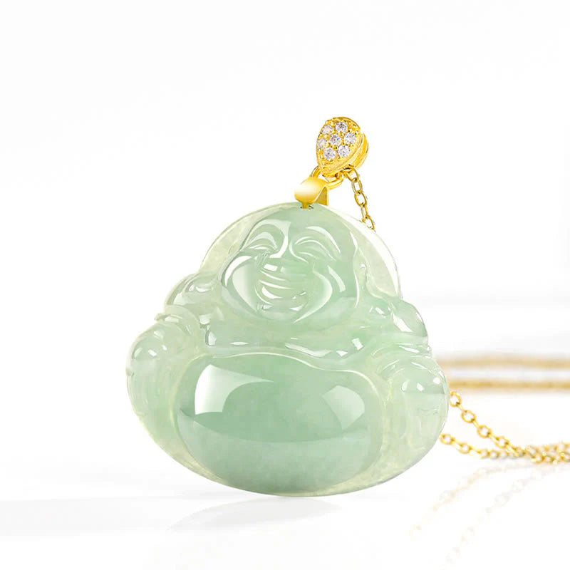Buddha Stones Natural Jade Laughing Buddha Luck Prosperity Titanium Steel Chain Necklace Pendant