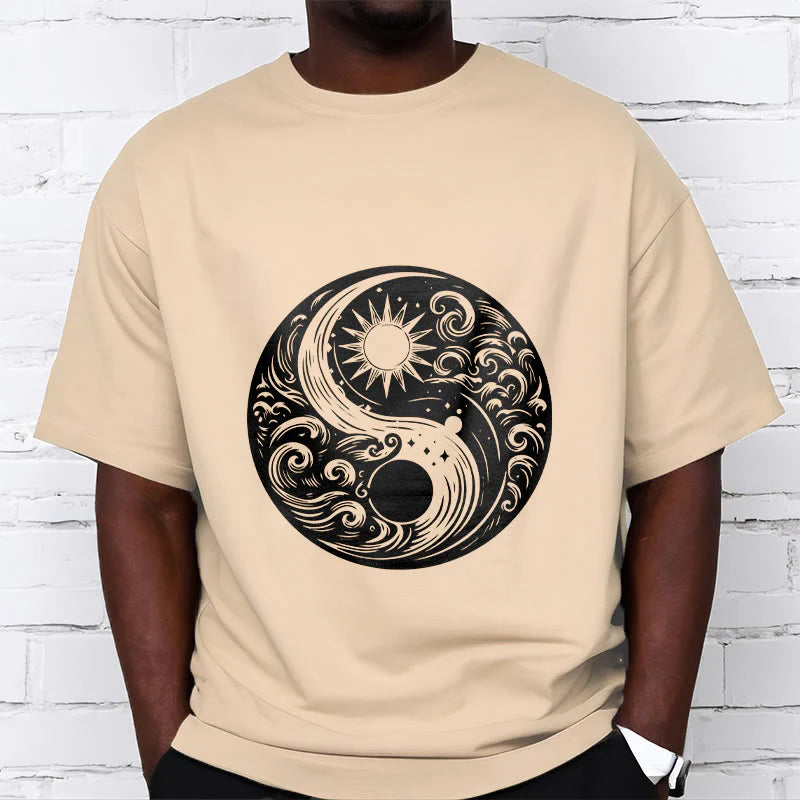 Buddha Stones Sun Moon Waves Yin Yang Pattern Cotton Tee T-shirt