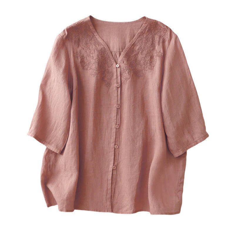 Buddha Stones Artistic Pure Color Embroidered Front Button Design Women's Cotton Half Sleeve Shirt Cardigan