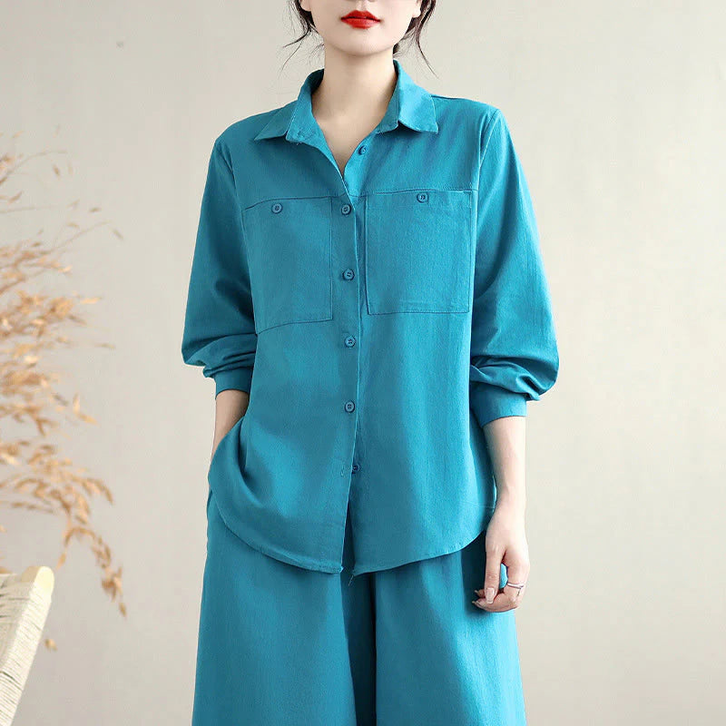Buddha Stones 2Pcs Fall Solid Color Cotton Buttons Down Long Sleeve Shirt Ankle-Length Wide Leg Pants Women's Set With Pockets