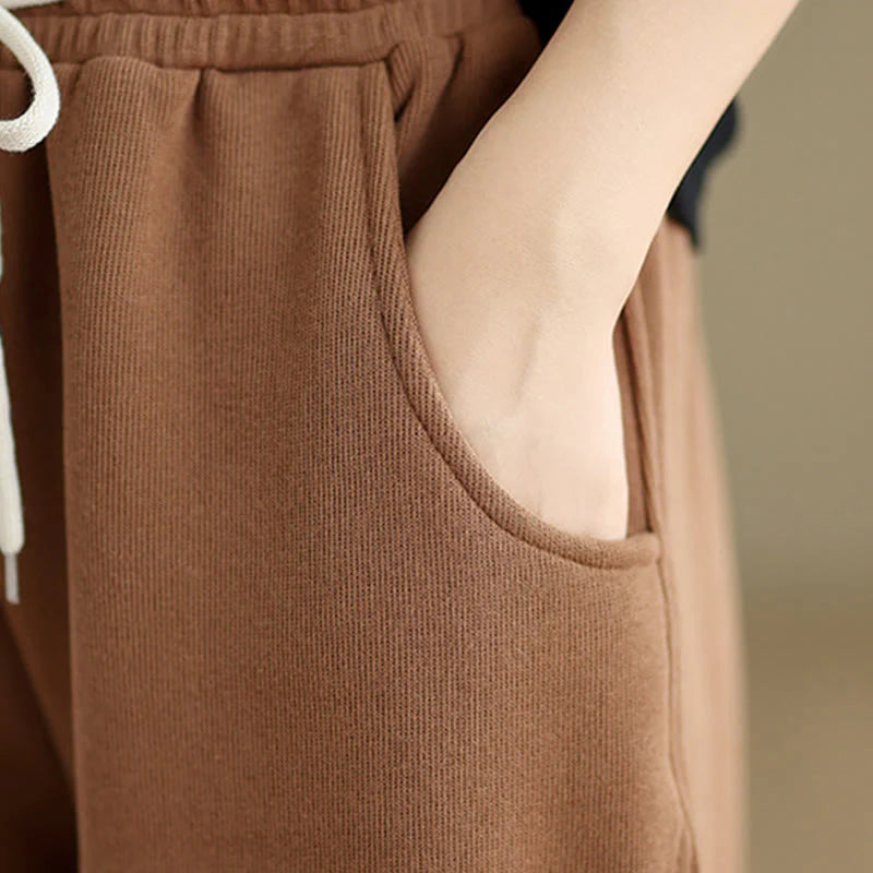 Buddha Stones Solid Color Drawstring Women's Wide Leg Pants With Pockets