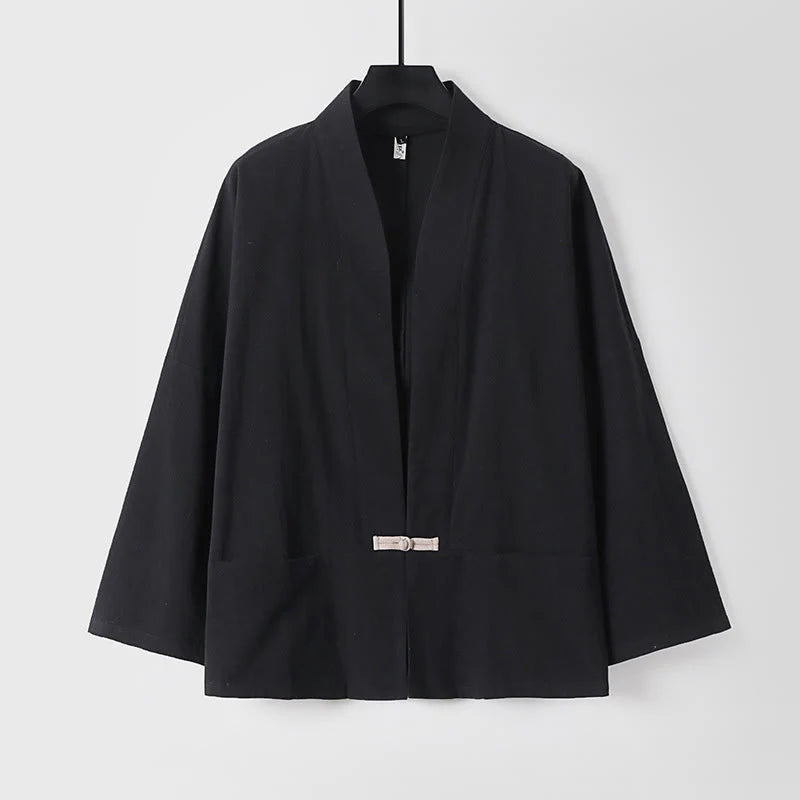 Buddha Stones Long Sleeve Buttons Design Men's Open Front Cotton Linen Jacket Kimono With Pockets