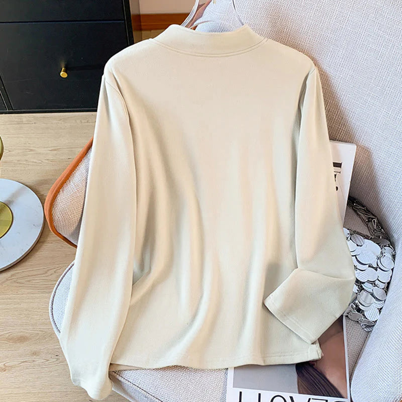 Buddha Stones Spring Solid Color Stand Collar Frog-button Design Women's Cotton Long Sleeve Shirt
