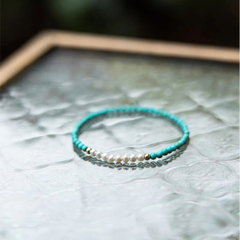 Buddha Stones 925 Sterling Silver Natural Turquoise Pearl Beaded Bracelet