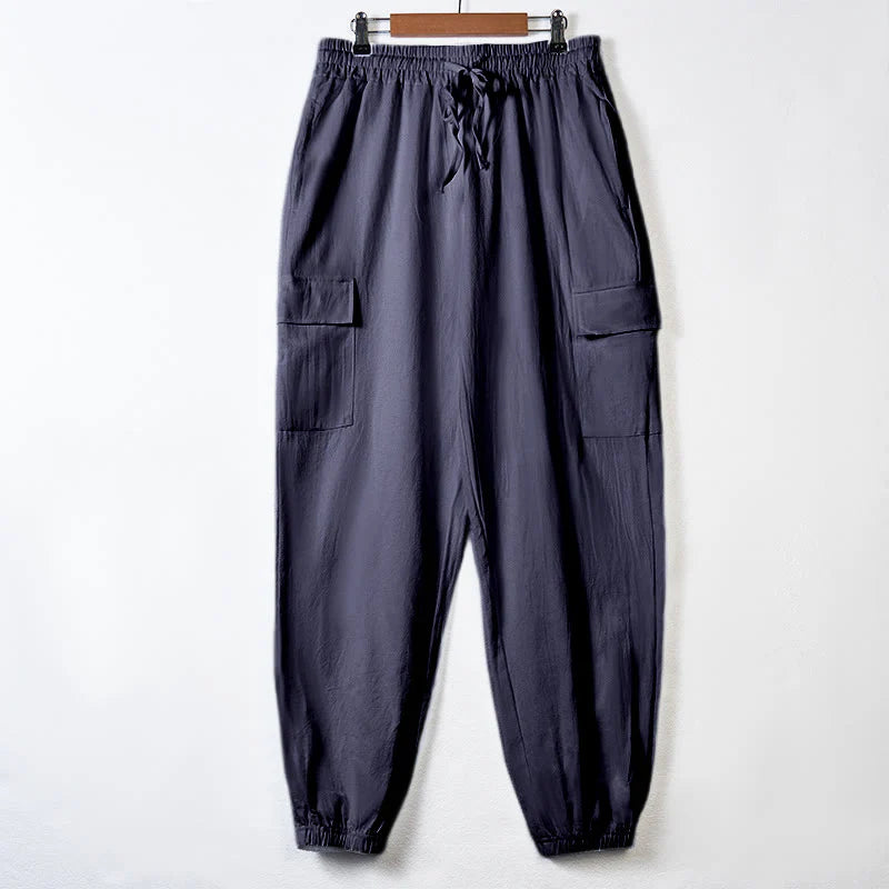 Buddha Stones Solid Color Linen Drawstring Men's Cargo Pants With Pockets