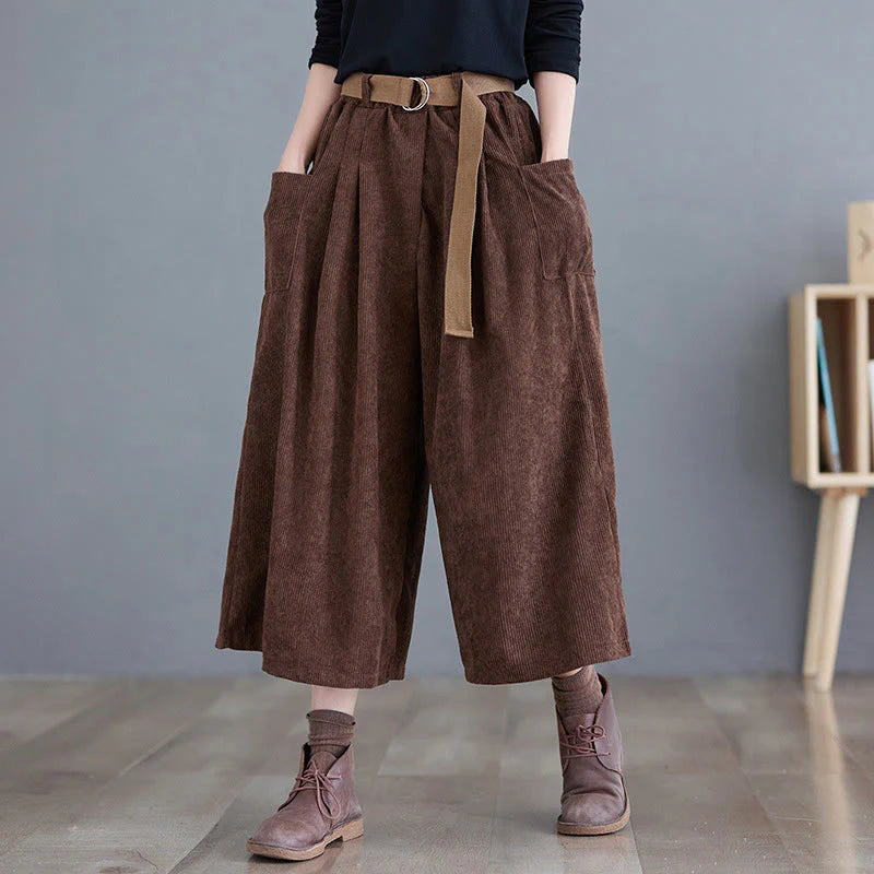 Buddha Stones Retro Women's Wide Leg 7-8 Length Corduroy Pants With Pockets Belt