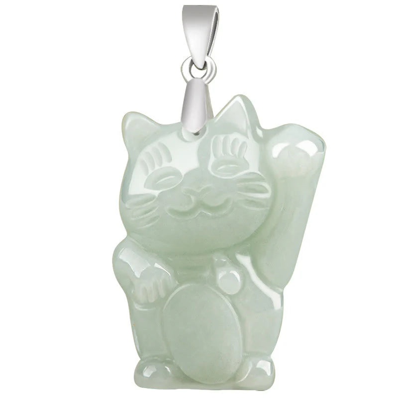 Buddha Stones Jade Fortune Cat Prosperity Titanium Steel Necklace Pendant