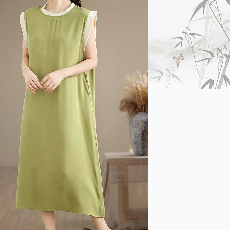 Buddha Stones Pure Color Slit Design Sleeveless Cotton Midi Dress With Pockets