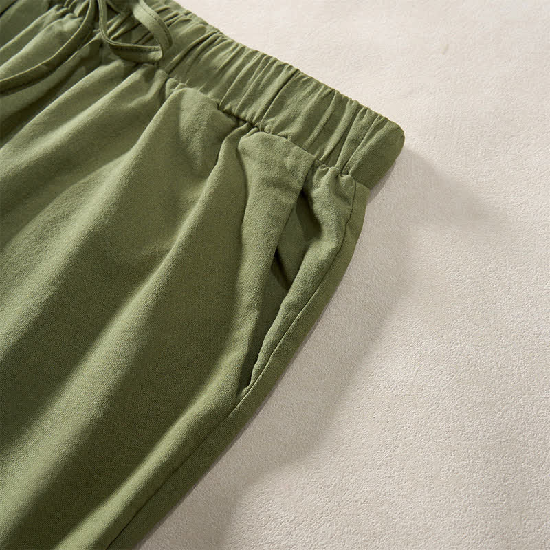 Buddha Stones Summer Lace-trimmed Hem Solid Color Women's Tapered Pants With Pockets