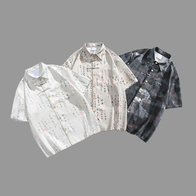 Buddha Stones Calligraphy Print Pattern Metal Bar Frog Closure Design Short Sleeve Men's Shirt With Pocket